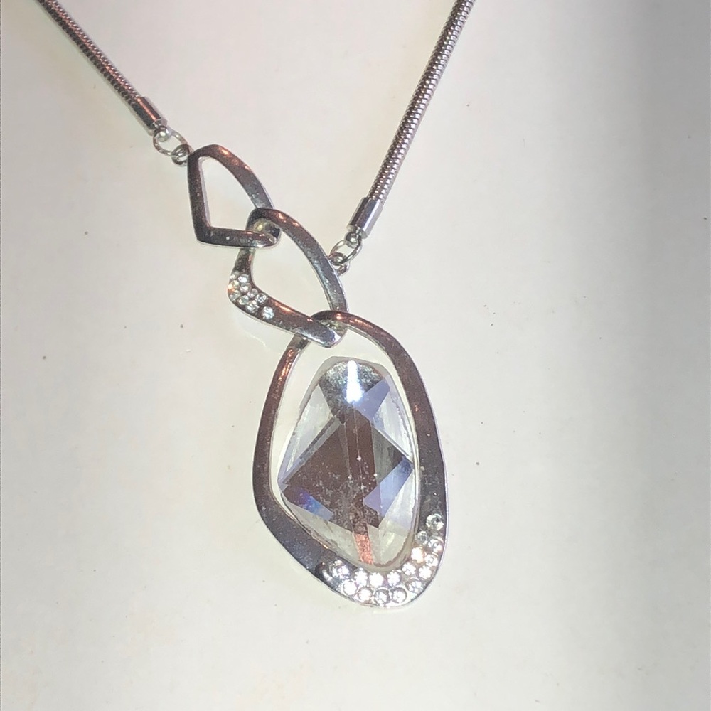Silver Tone Chunky Boho Crystal Pendant Necklace